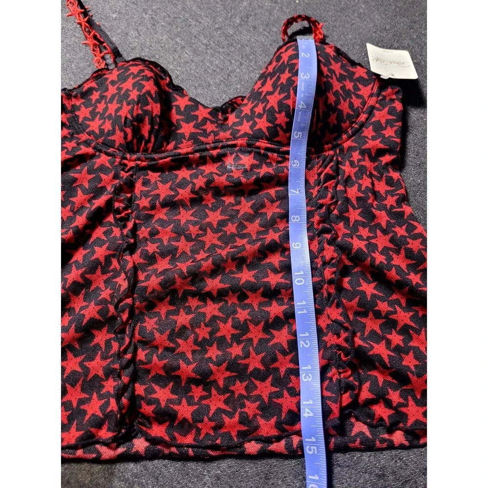 Vintage 90s Y2K Deadstock Black Red Star Bustier Top Panties Set Mesh Alt Goth L